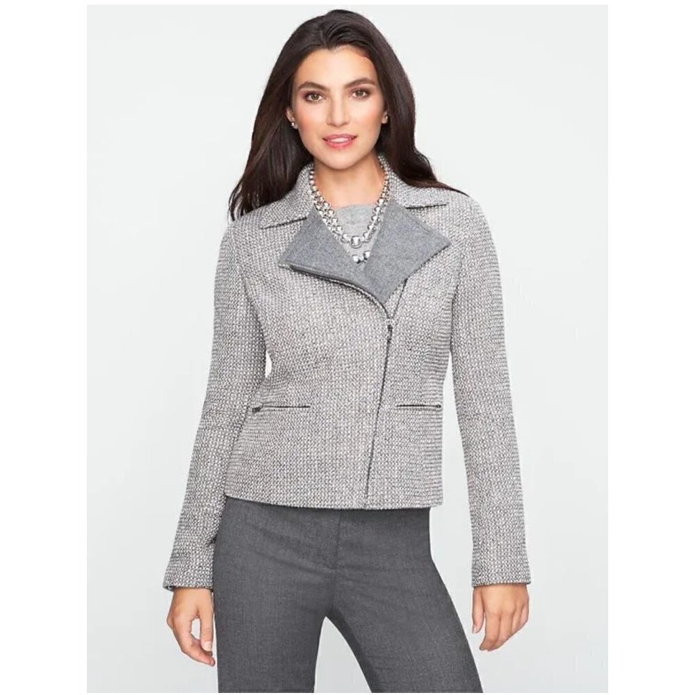 Talbots Cropped Tweed Julienne Metallic Wool Moto Jacket Grey Silver size 8